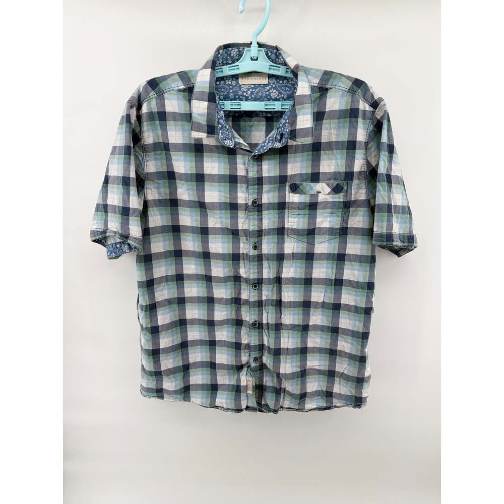 7 Diamonds Mens Plaid Short Sleeve Button Down Shirt Blue Green Paisley Trim L